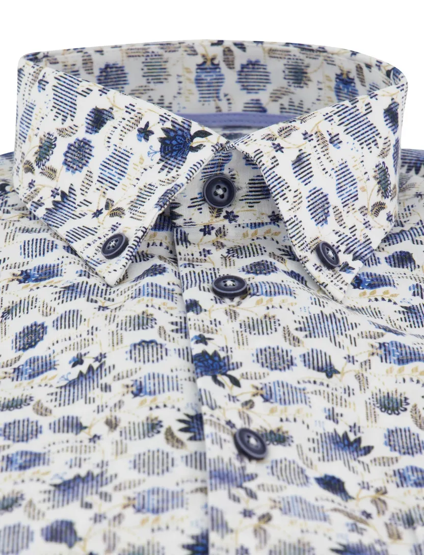 Overhemden Ledub Modern Fit wit blauwe bloemen