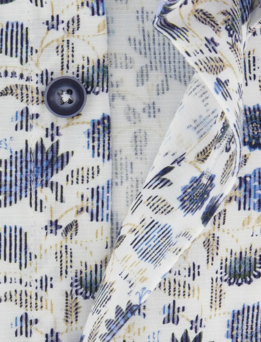 Ledub Modern Fit overhemden wit met blauwe bloemen geprint