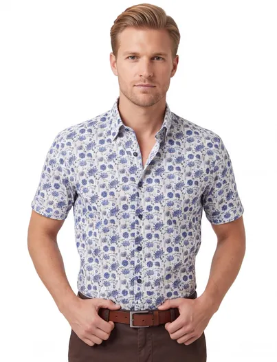 Ledub Overhemden Ledub Modern Fit wit blauwe bloemen