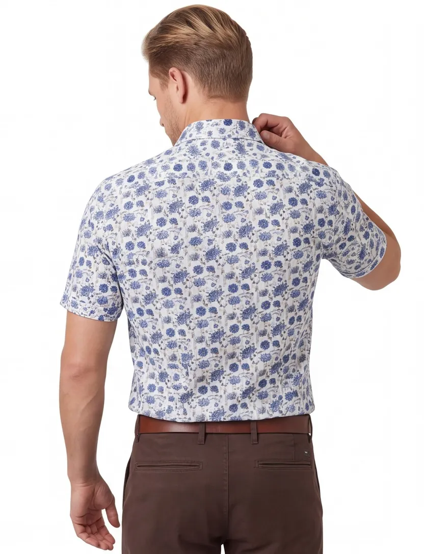 Overhemden Ledub Modern Fit wit blauwe bloemen