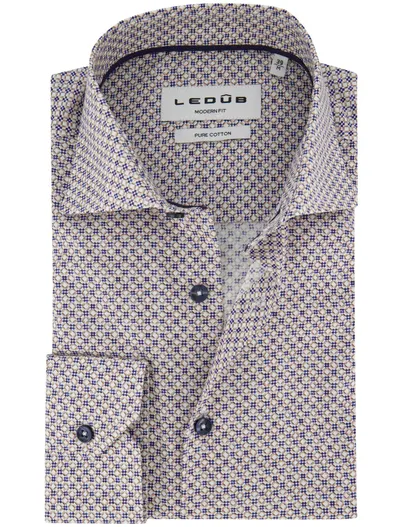 Ledub Ledub Modern Fit overhemd beige met blauw-beige geometrisch patro