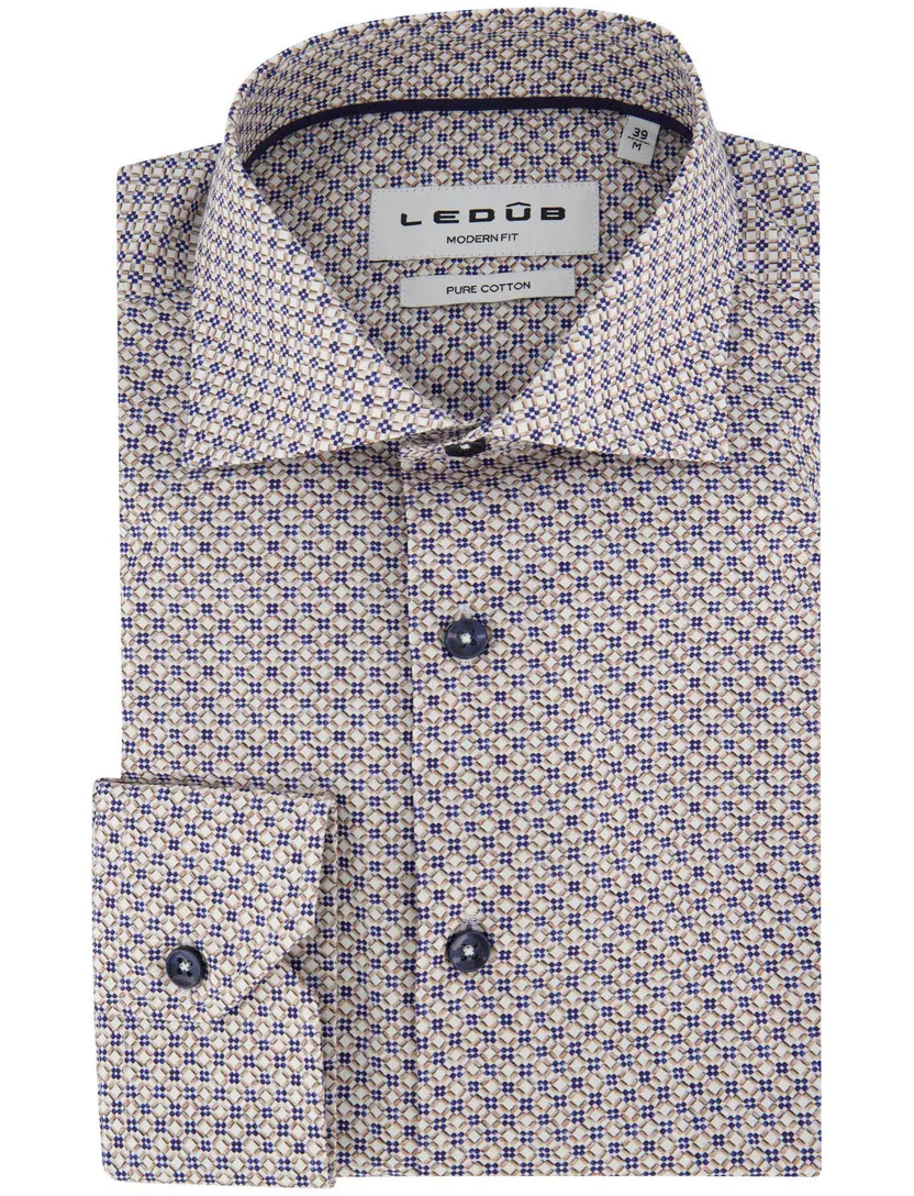 Overhemden Ledub Modern Fit beige geometrisch patroon