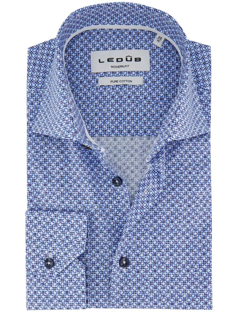 Ledub Modern Fit overhemd blauw geprint mouwlengte 7