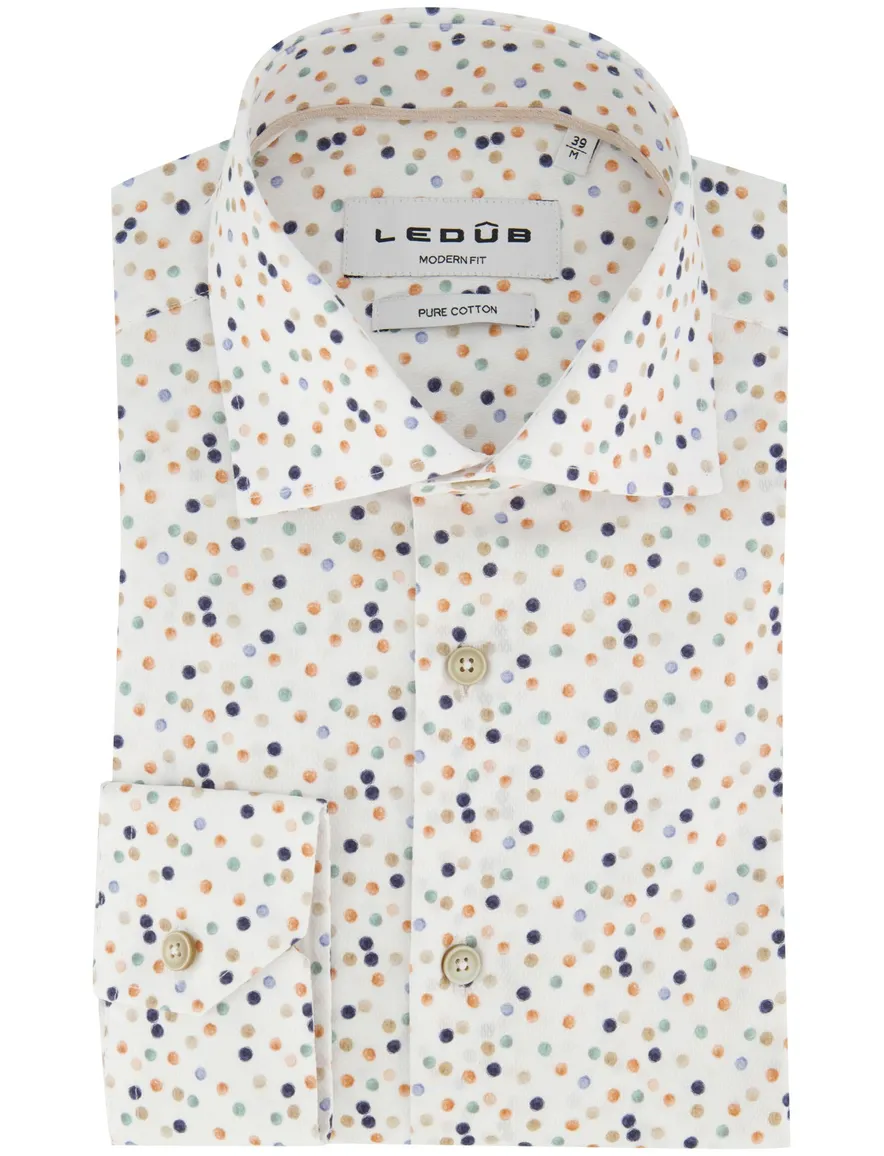 Ledub Modern Fit overhemd wit met stippen