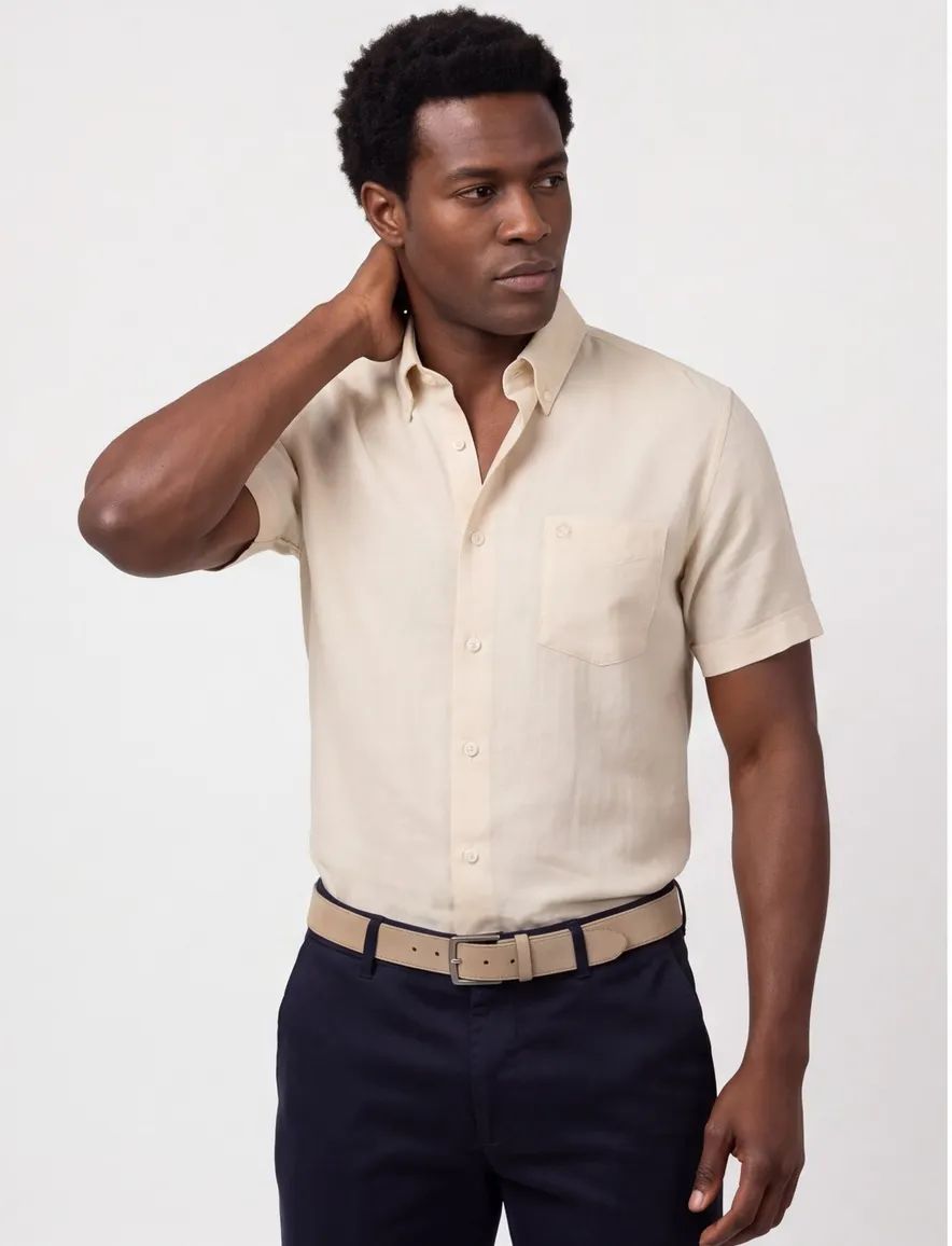 Ledub Modern Fit overhemd creme linnen korte mouw