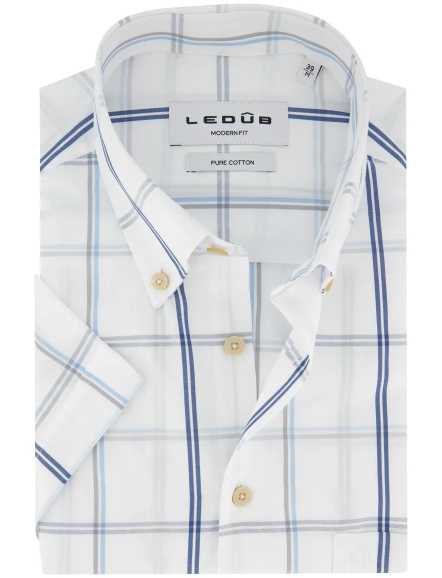 Ledub Modern Fit overhemd wit geruit met borstzak