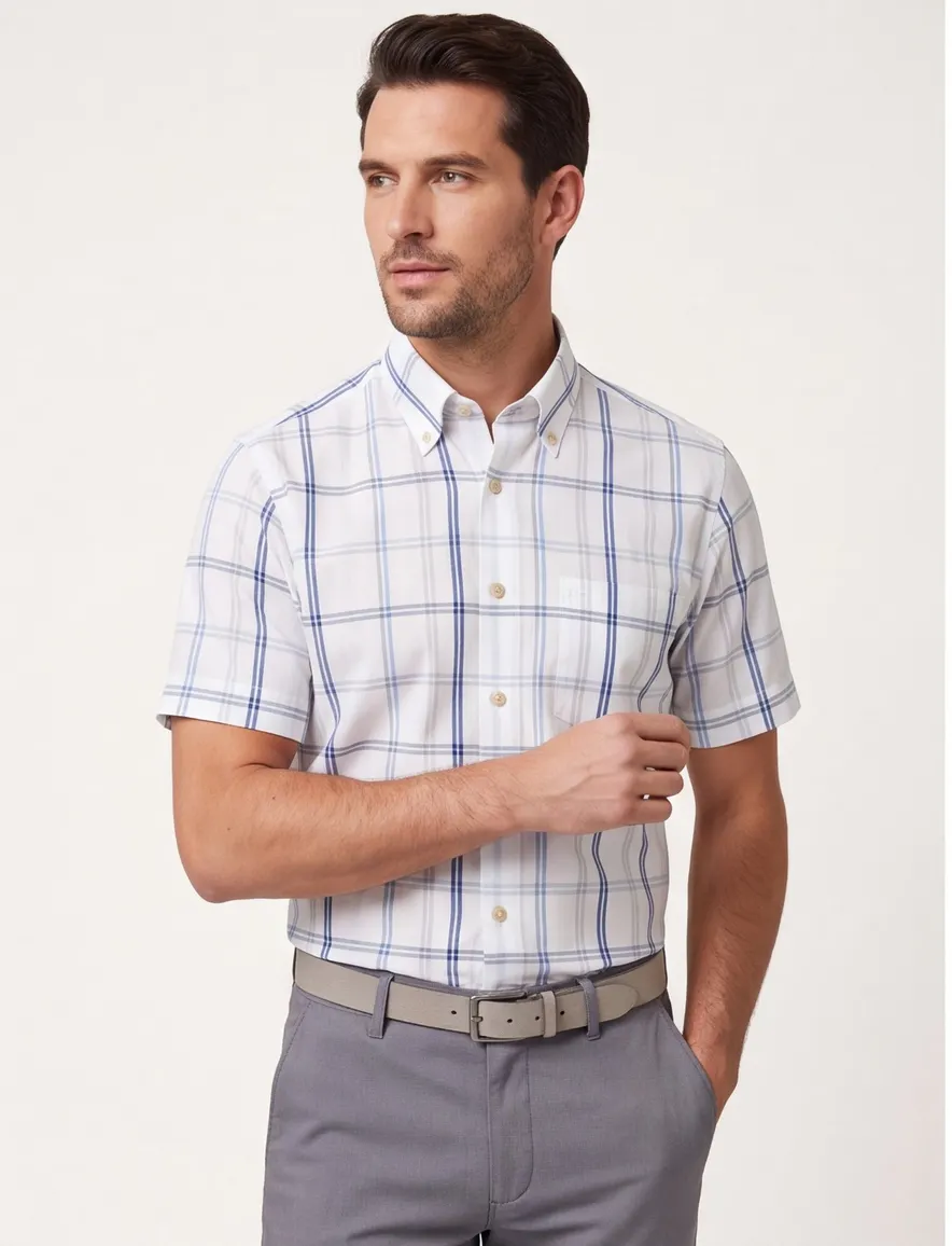 Ledub Modern Fit overhemd wit geruit met borstzak