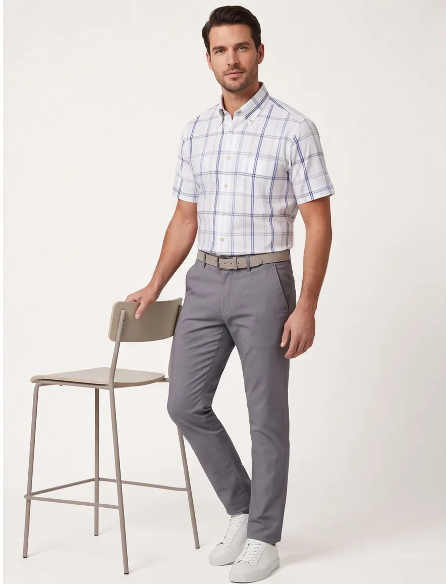 Ledub Modern Fit overhemd wit geruit met borstzak