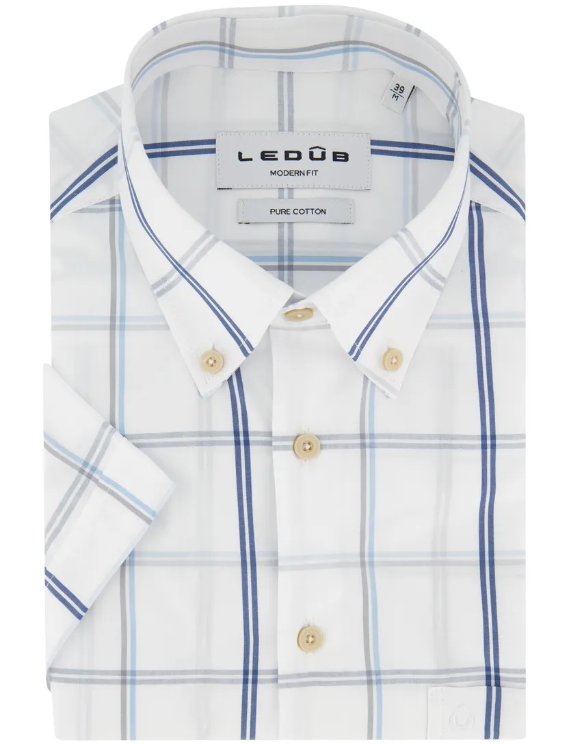 Ledub Modern Fit overhemd wit geruit korte mouw