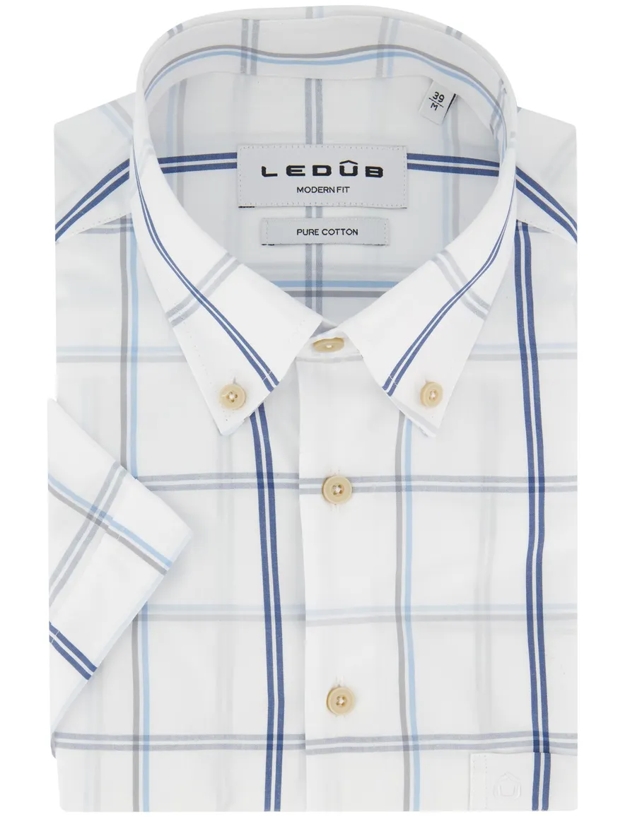 Ledub Modern Fit overhemd wit geruit met borstzak