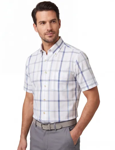 Ledub Ledub Modern Fit overhemd wit geruit korte mouw