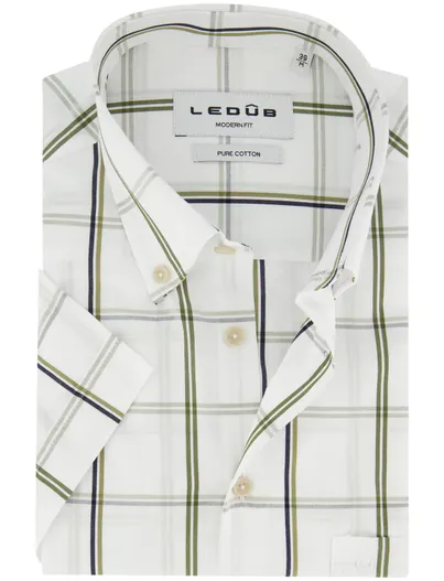 Ledub Ledub Modern Fit overhemden wit geruit korte mouw