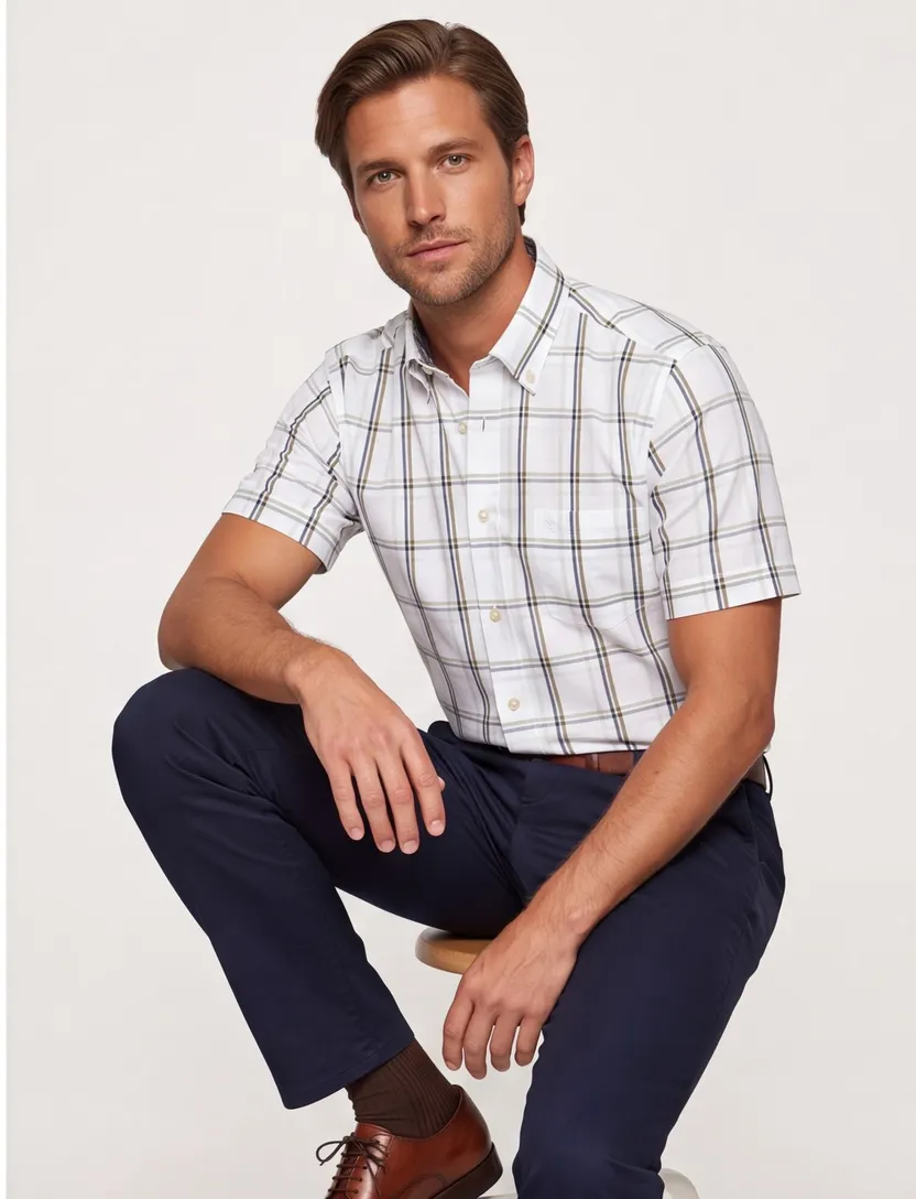 Ledub Modern Fit overhemden wit geruit korte mouw