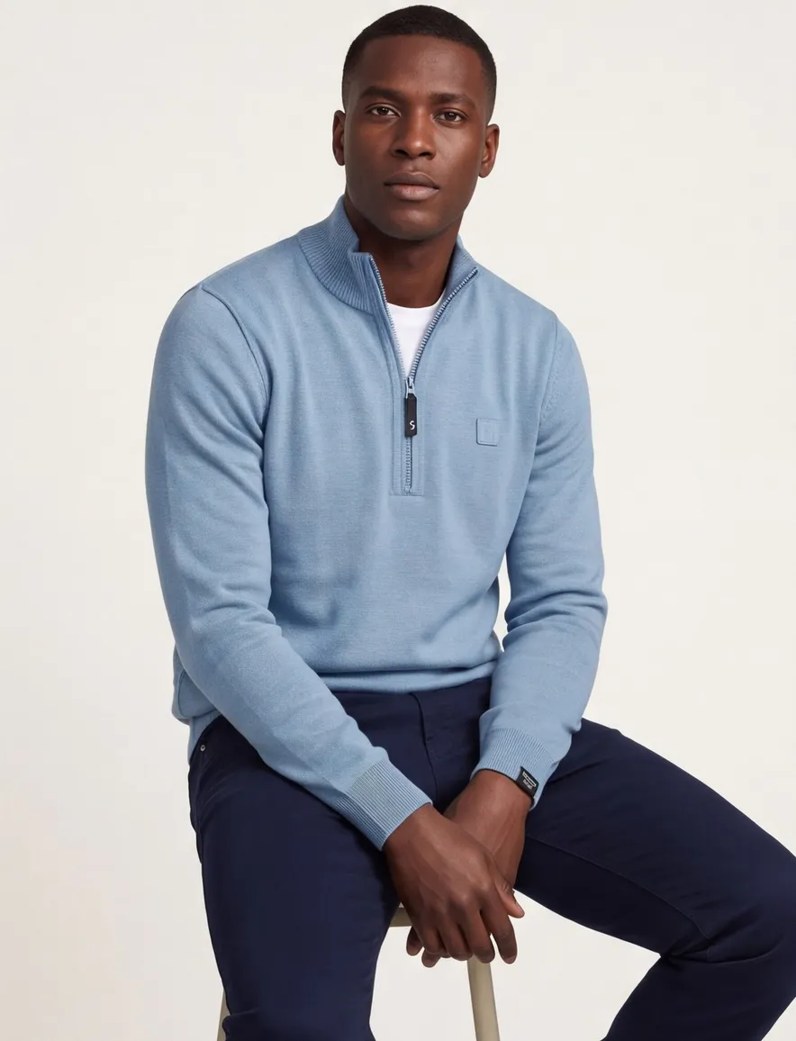 Butcher of Blue trui half zip lichtblauw gemeleerd gebreid