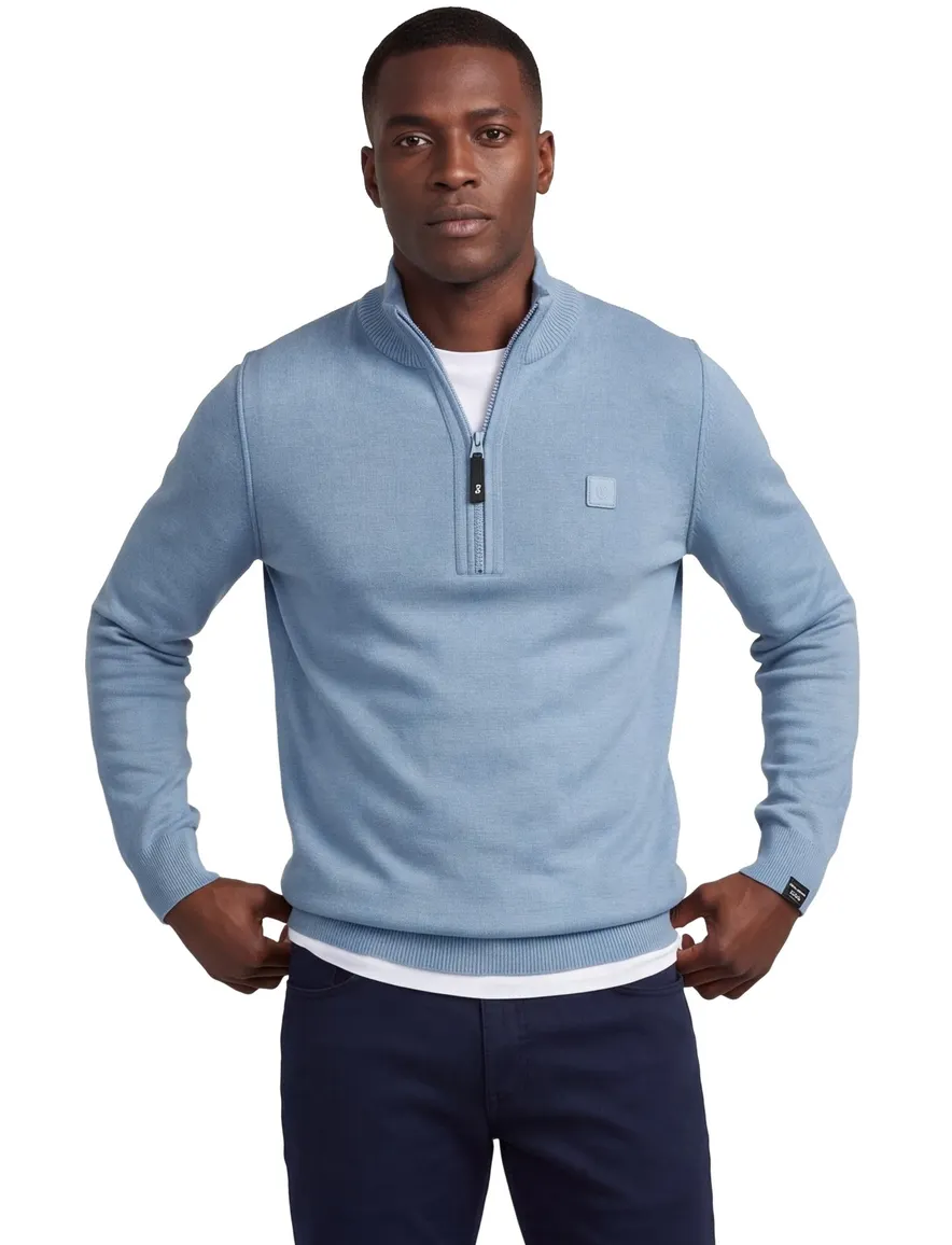 Butcher of Blue trui half zip lichtblauw gemeleerd gebreid