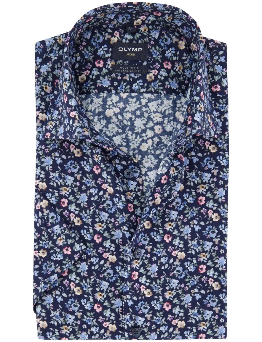 Olymp overhemd donkerblauw bloemen print stretch