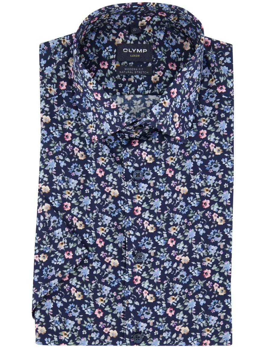 Olymp overhemd donkerblauw bloemen print stretch