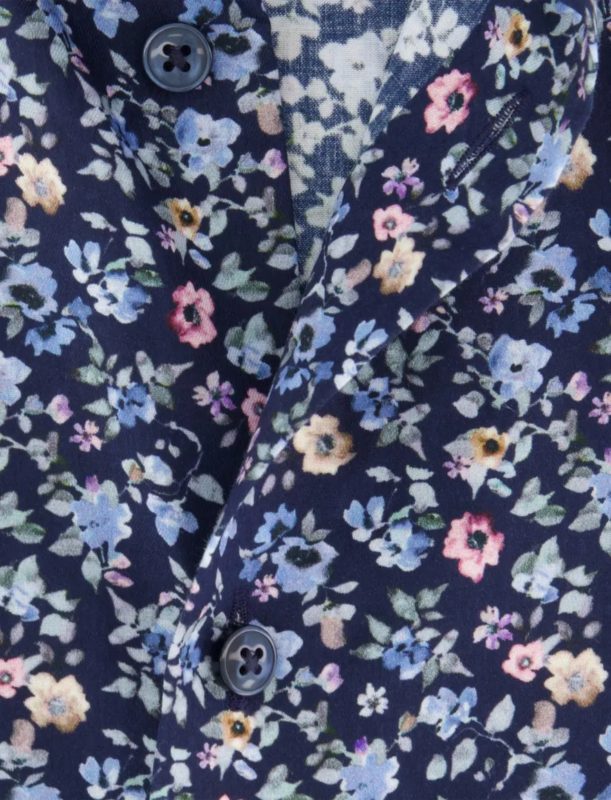 Olymp overhemd donkerblauw bloemen print stretch