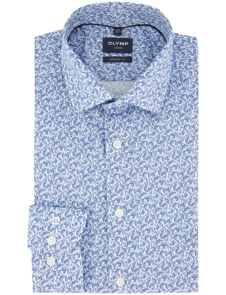 Olymp overhemd blauw geprint strijkvrij