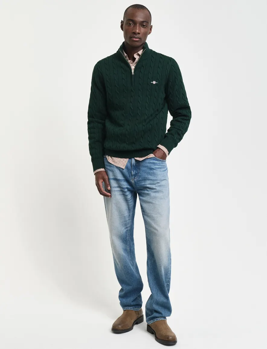 Gant Regular Fit kabeltrui half zip donkergroen