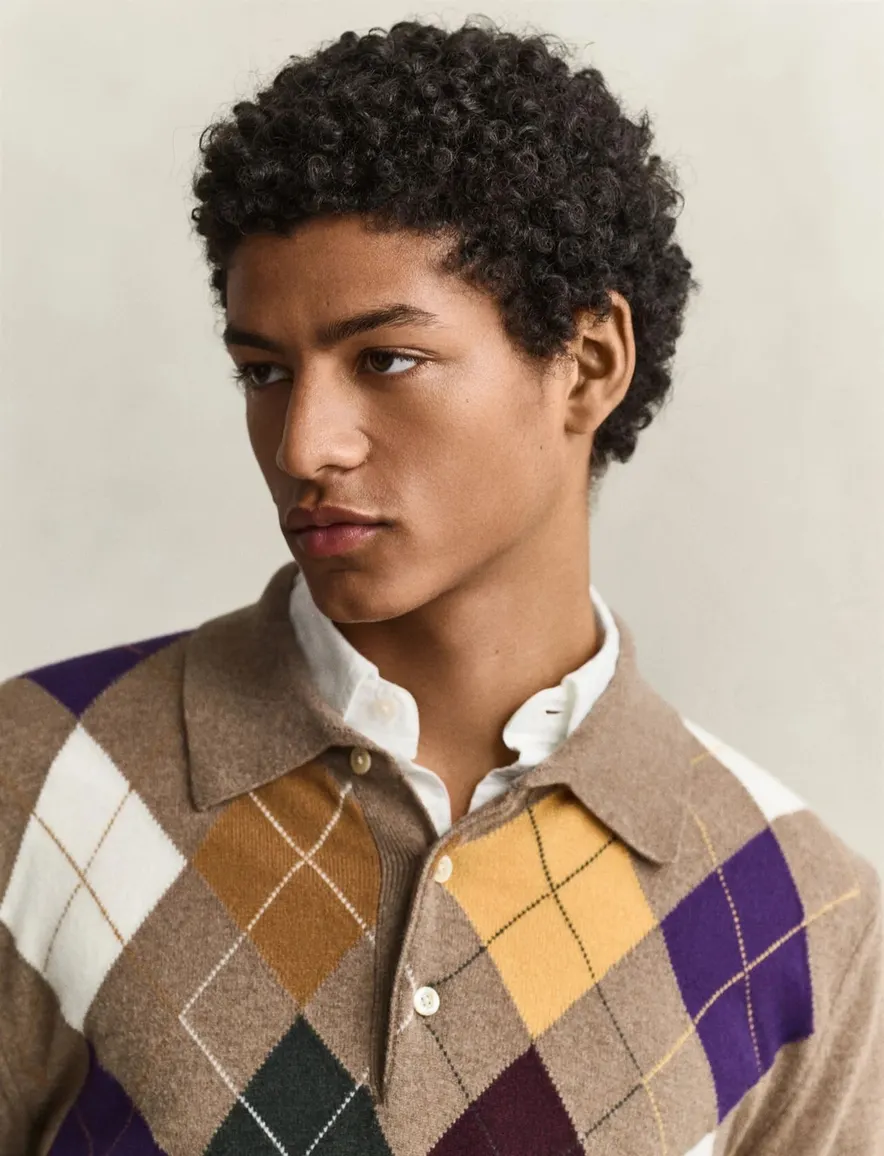 Gant half zip trui bruin geruit lamswol