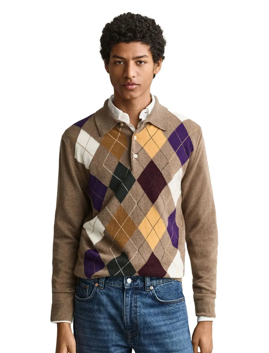 Gant half zip trui bruin geruit lamswol