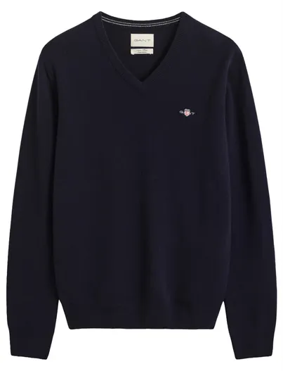 Gant Gant trui met V hals donkerblauw effen