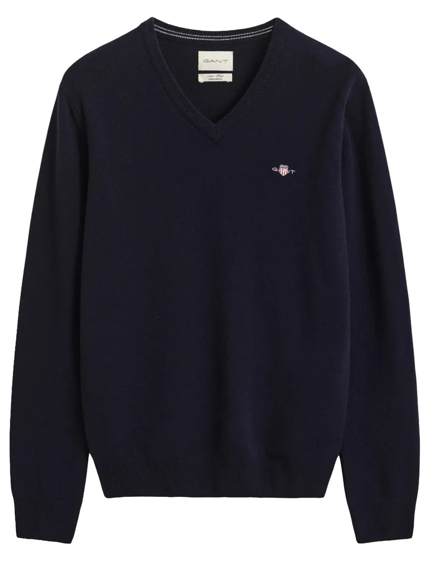 Gant trui met V hals donkerblauw effen