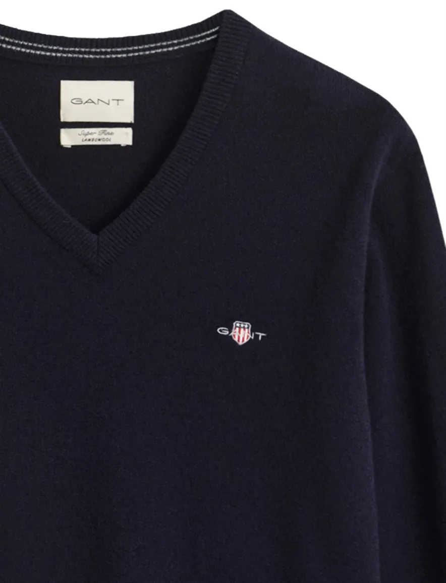 Gant trui met V hals donkerblauw effen