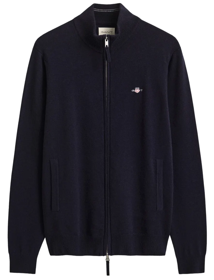Gant Regular Fit vest donkerblauw gemeleerd lamswol geborduurd logo