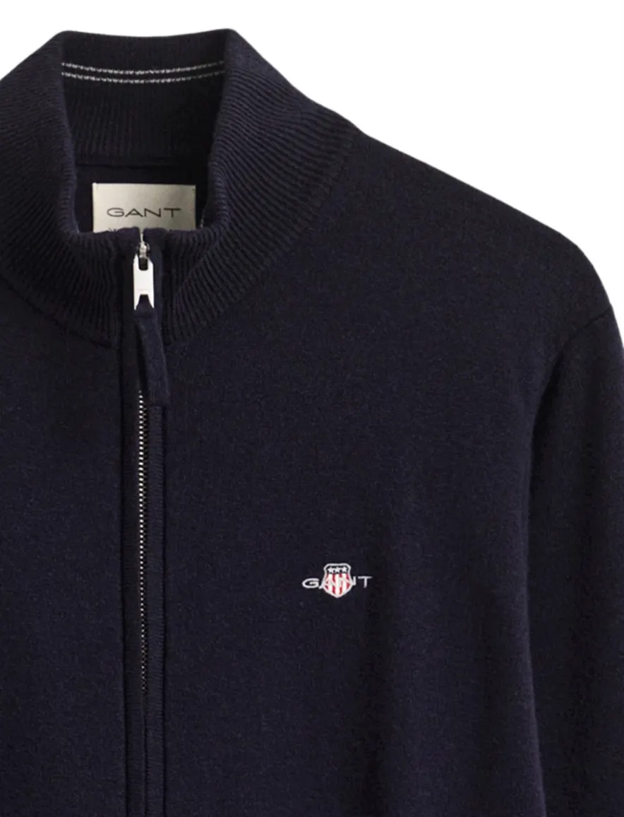 Gant Regular Fit vest donkerblauw gemeleerd lamswol geborduurd logo