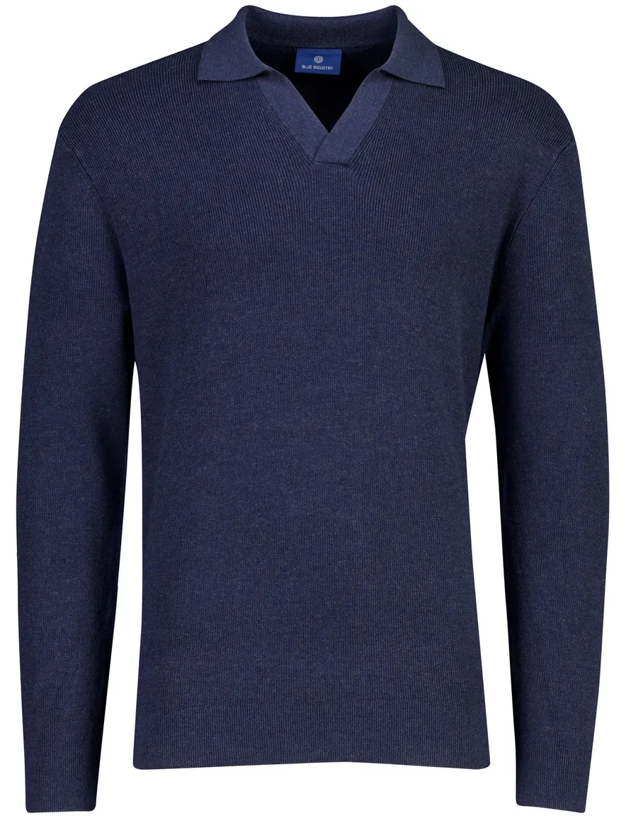 Blue Industry polo donkerblauw gemeleerd stretch v hals