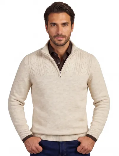 Baileys Baileys trui half zip beige gemeleerd grof gebreid