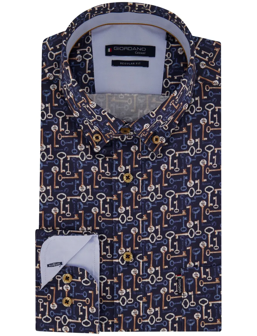 Giordano overhemd donkerblauw geprint