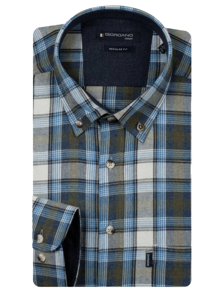 Giordano overhemden beige blauw geruit