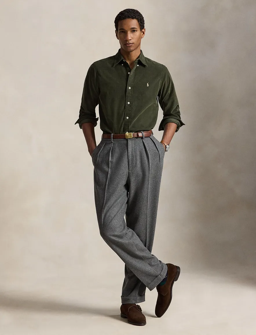 Polo Ralph Lauren Custom Fit overhemd olijfgroen rib