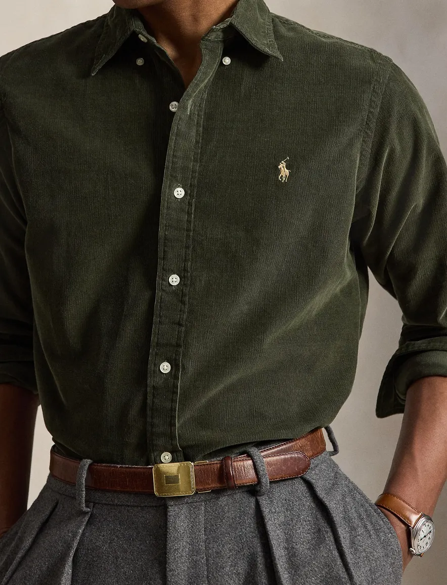 Polo Ralph Lauren Custom Fit overhemd olijfgroen rib