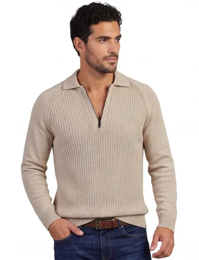 Genti Genti poloshirt beige effen gebreid met boord