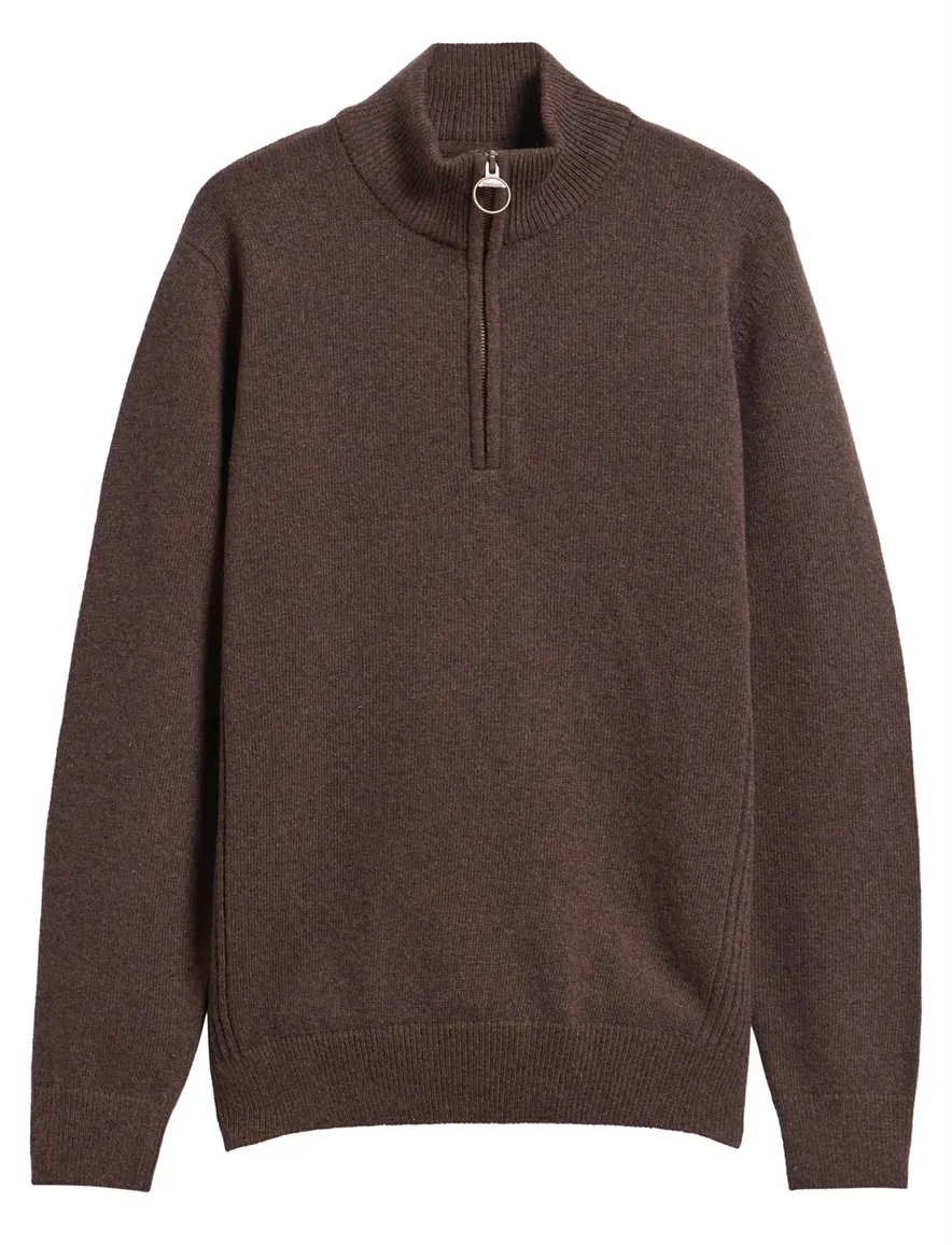 Barbour trui half zip bruin gemeleerd gebreid