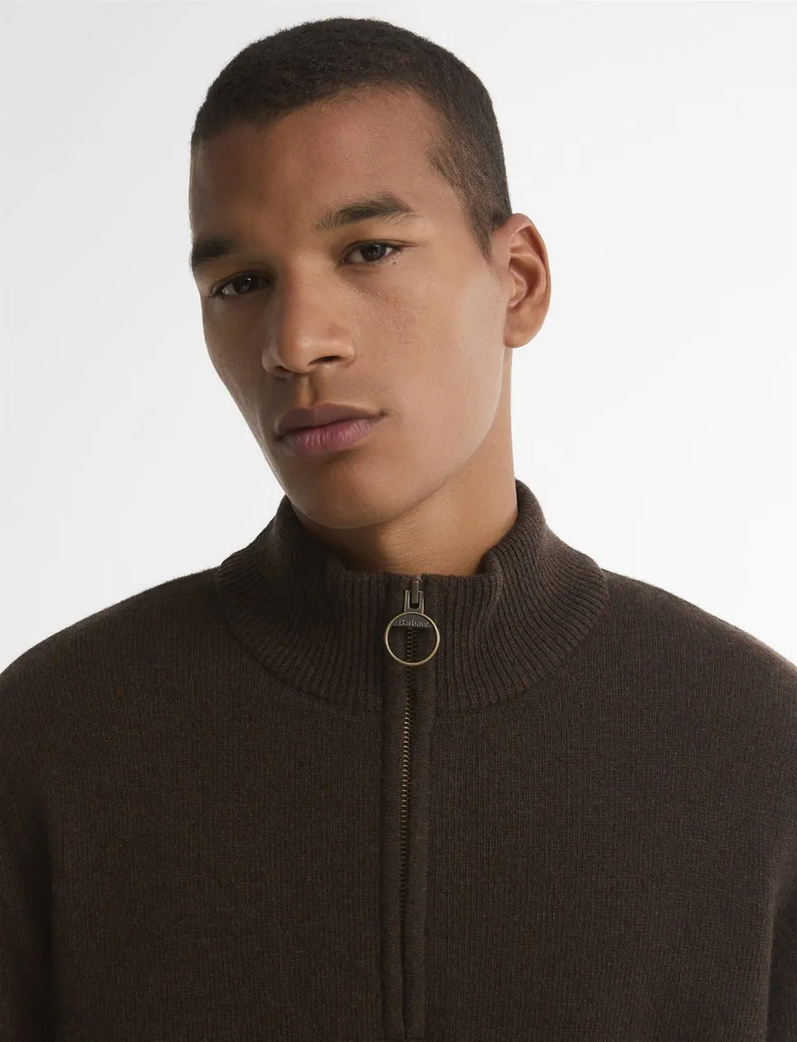 Barbour trui half zip bruin gemeleerd gebreid