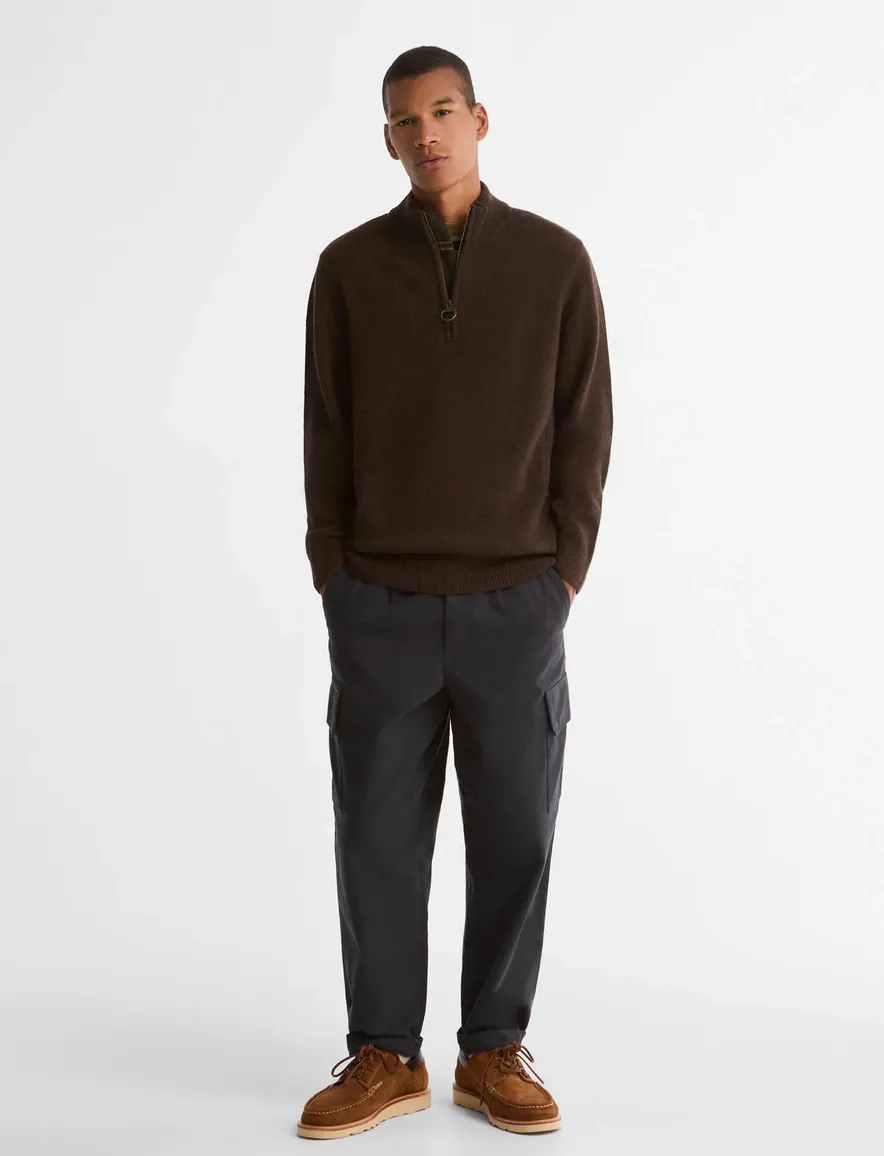 Barbour trui half zip bruin gemeleerd gebreid