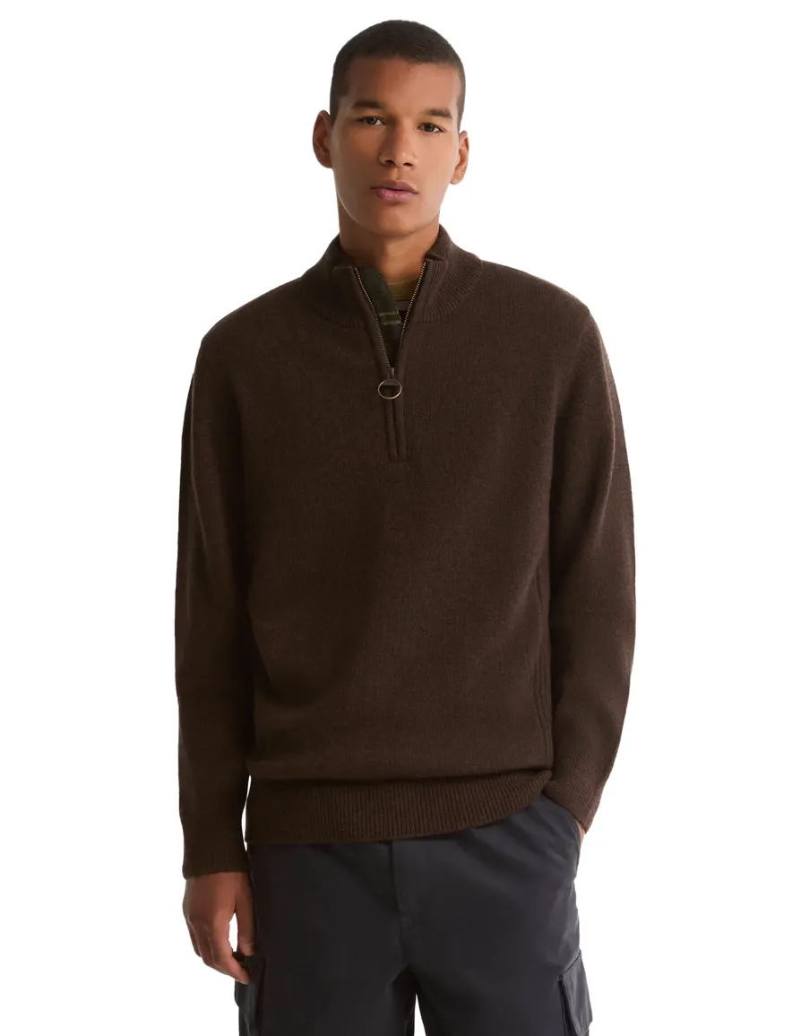 Barbour trui half zip bruin gemeleerd gebreid