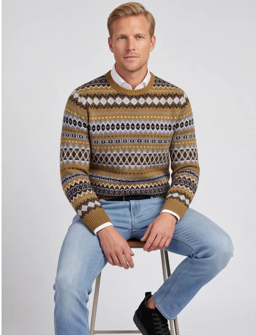 Barbour wollen trui ronde hals bruin met motief