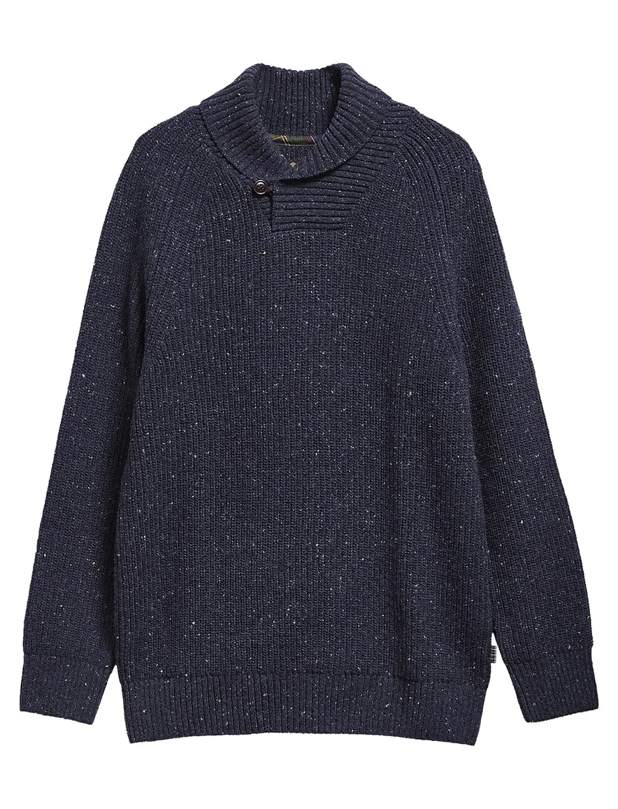 Barbour trui v hals donkerblauw gemeleerd gebreid