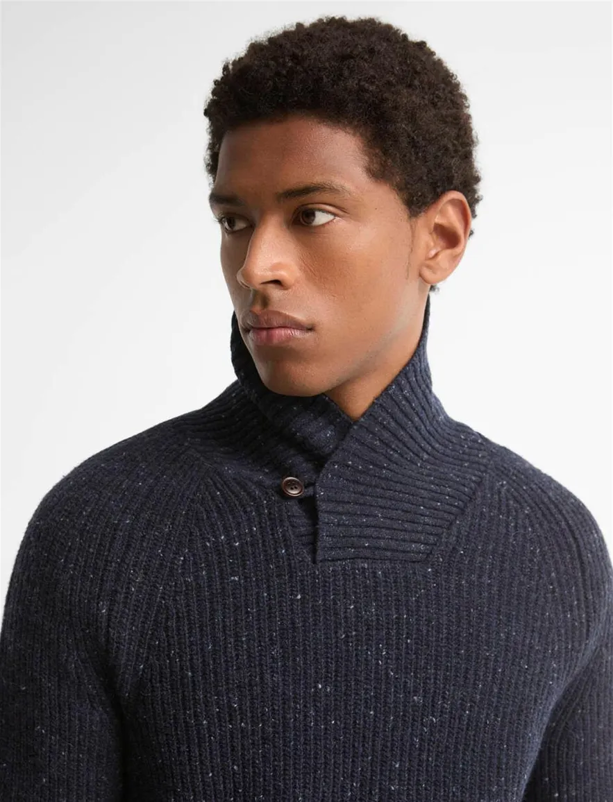 Barbour trui v hals donkerblauw gemeleerd gebreid
