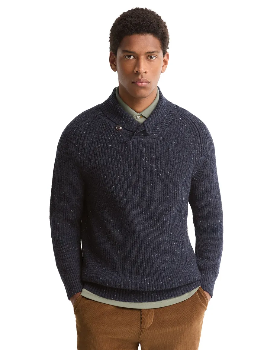 Barbour trui v hals donkerblauw gemeleerd gebreid