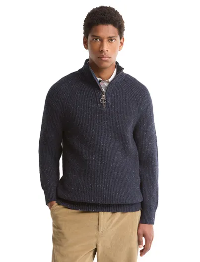 Barbour Barbour trui half zip blauw grof gebreid