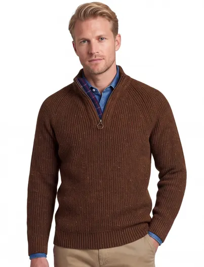Barbour Barbour trui half zip bruin gemeleerd gebreid