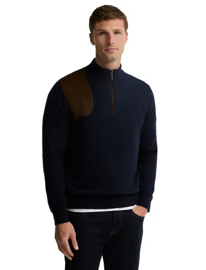 Barbour Trui Barbour donkerblauw wol Alcantara detail schouder