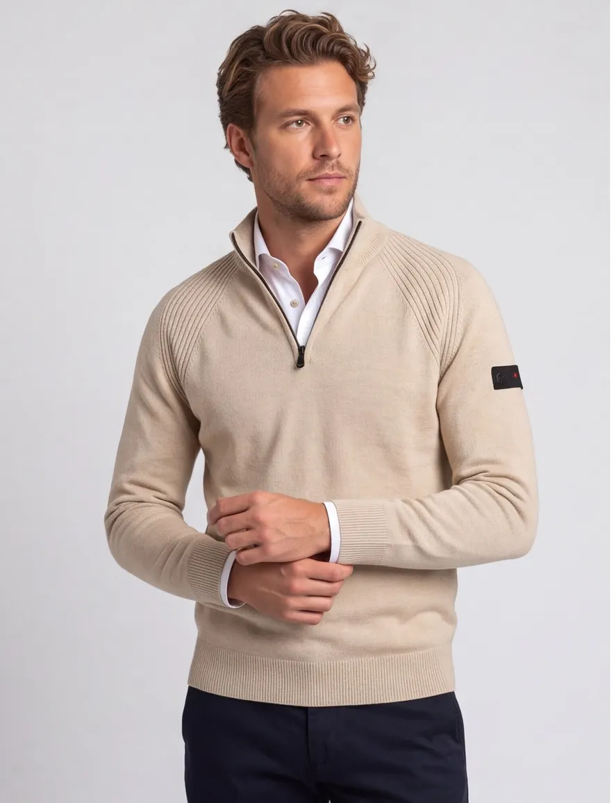Thomas Maine half zip trui beige gemeleerd